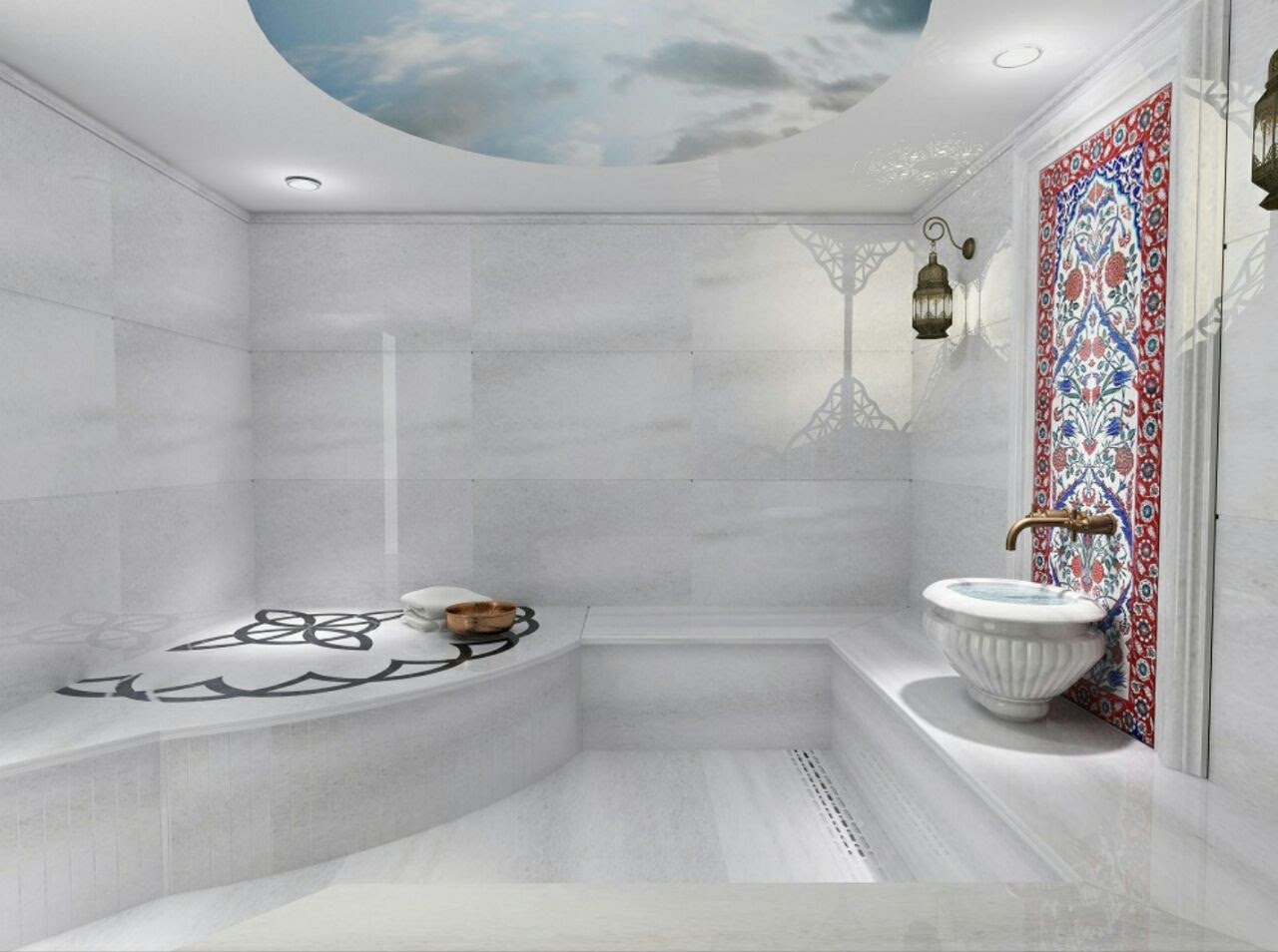 Gökyüzü kubbeli hamam: Beyaz mermer, çini pano ve klasik kurna