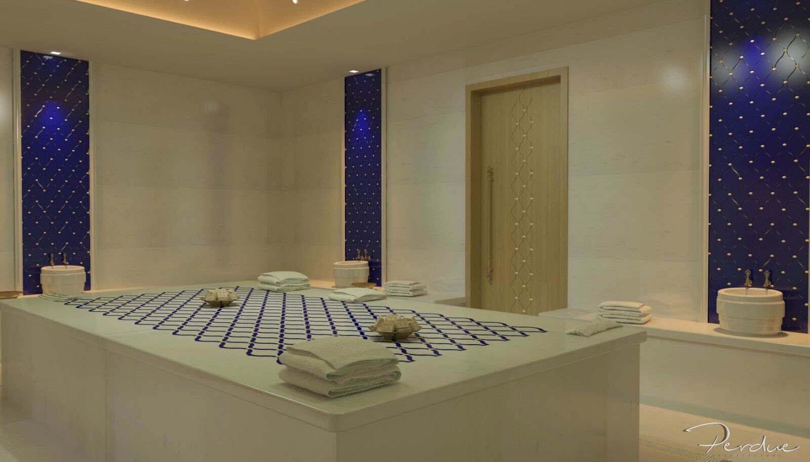 Lacivert cam panolu otel hamamı: Aydınlatmalı nişler ve işlemeli göbek taşı